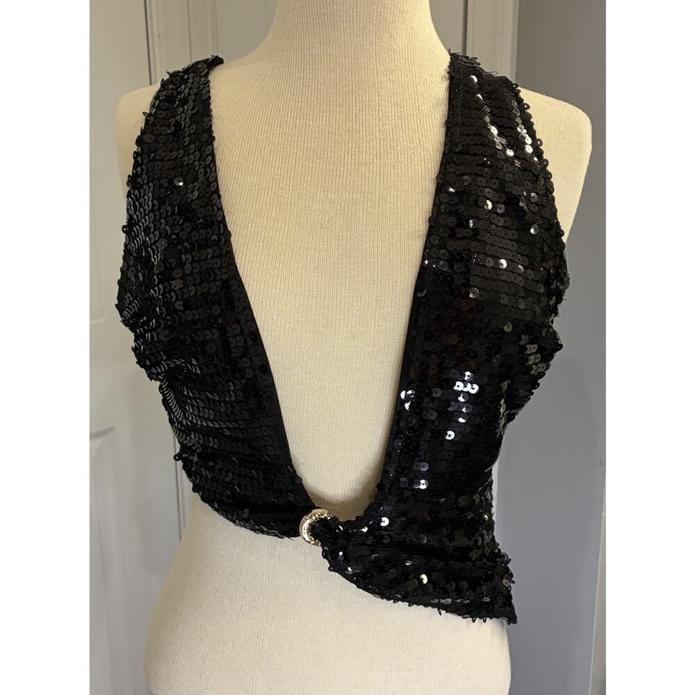 NWT Pretty Little Things Black Sequin Plunge Halter Top - Size 6